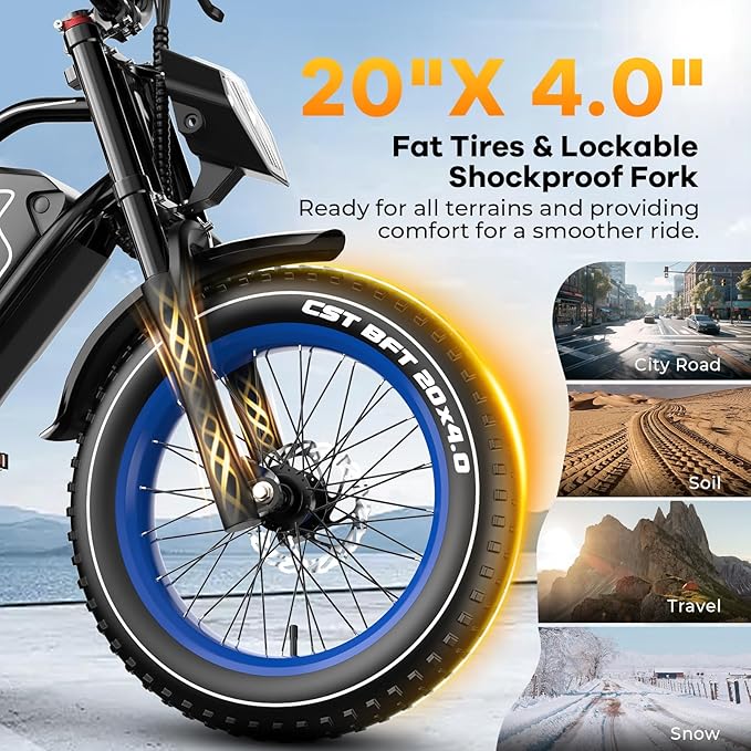 1500W Electric Bike for Adults,48V 20/60Ah Removable Battery Max Range 80Miles & 30MPH Electric Bicycle,20''×4" Fat Tire Ebike,Adult Electric Bicycles for Commute Beach Snow,E-Bike UL Certified
