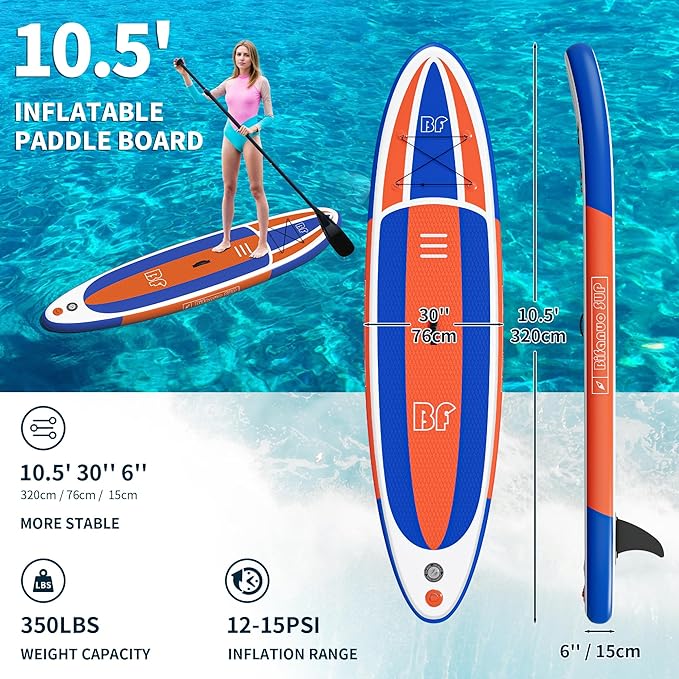 Inflatable Stand Up Paddle Board with SUP Accessories & Backpack. Paddle Boards for Adults. Non-Slip Deck, Wide Stance, Bottom Fin, Double Action Pump.