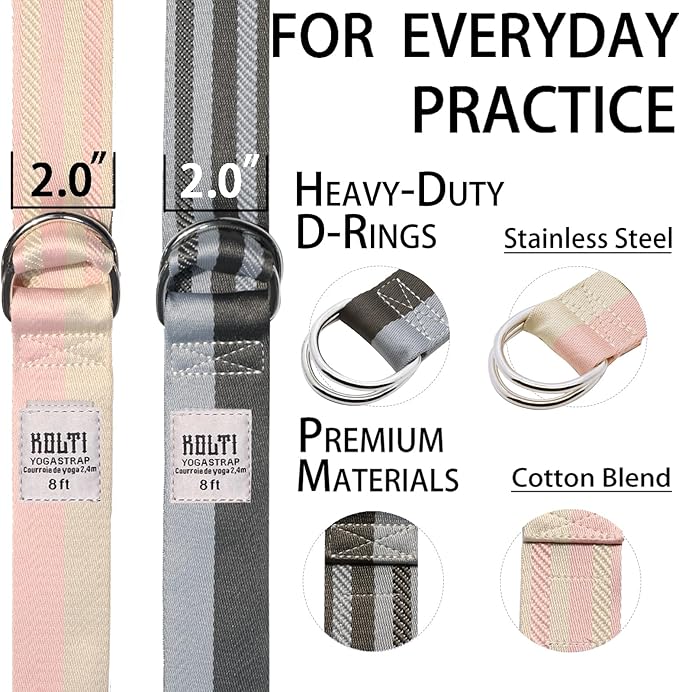 Yoga Exercise Adjustable Straps 8FT with Durable D-Ring for Pilates & Gym Workouts | Hold Poses, Stretch, Improve Flexibility & Maintain Balance