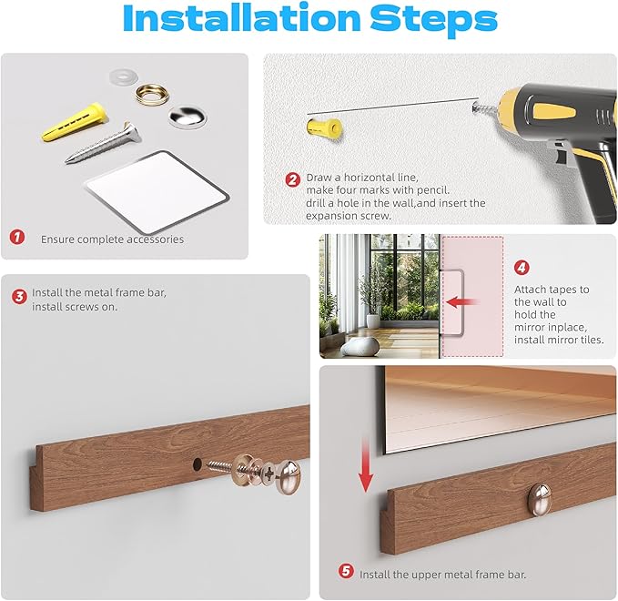 Hasipu 3Pcs 55''x17'' Home Gym Mirror Large Full Length Wall Mounted Full Body Mirror for Yoga Dance Fitness Exercise Studio Bedroom Garage, Frameless Tempered Glass Workout Mirrors Walnut Rectangular