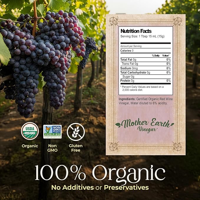 Mother Earth, Organic Red Wine Vinegar with The Mother, Fresh Pressed Organic Cabernet Grapes, ORWV, RWV, Raw, Unpasteurized, Unfiltered (1/14oz Apothecary Glass Bottle with Pour Spout)