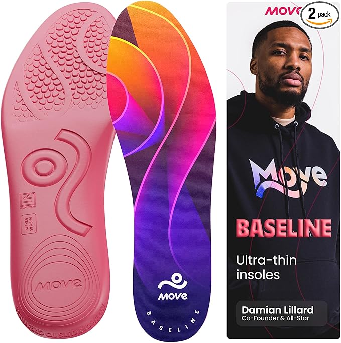 MOVE Baseline - All-Purpose Insoles - Sock Liner - Ultra Thin Shock Absorption - Maximum Freedom of Movement and Energy Return for Cleats, Shoes, Running, Basketball, Baseball (M17-17.5/WM18.5-19)