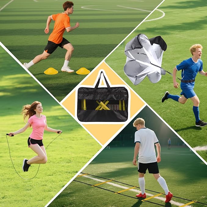 Agility Ladder, Agility Speed Training Set, 20ft 12 Rung Agility Ladder, 4 Agility Hurdles, 5 Resistance Bands, 12 Resistance Cones, Running Parachute, Jump Rope for Athletes, Adults