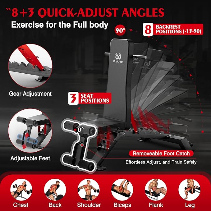 Adjustable Weight Bench - Foldable Workout Bench for Home Gym, PRO Heavy Duty 1300lb Capacity Full Body Strength Training with 8-Level Incline/Flat/Decline Positions & Space-Saving