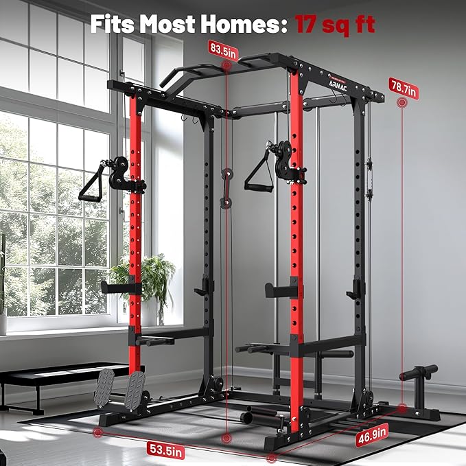 ARMAC Power Cage,1500lbs Multi-Function Power Rack with Adjustable Cable Crossover System and More Training Attachment, Weight Cage for Home Gym