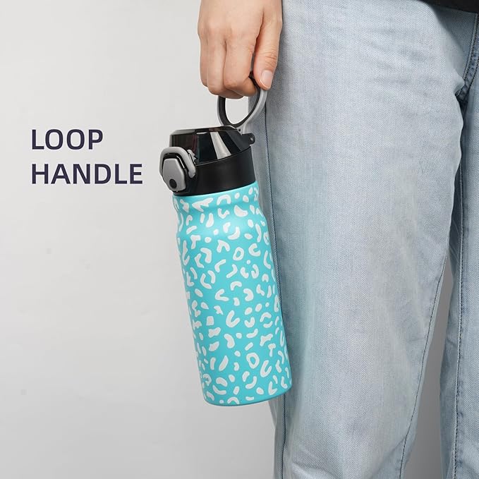 Insulated Water Bottle with Straw and Carry Loop,18 oz Stainless Steel Double Wall Vaccum Metal Water Flask with Leak-proof Lid,Blue Leopard