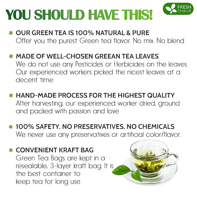 FreshDrinkUS, Premium 120 Green Tea Bags, 100% Natural & Pure from Green Tea. Green Herbal Tea. Made with Natural Material Tea Bags. No Sugar, No Gluten, Vegan