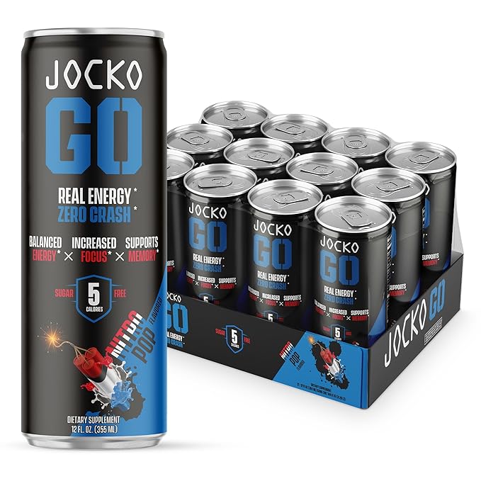 Jocko GO Energy Drink - Keto, Vitamin B12, Vitamin B6, Electrolytes, L Theanine, Magnesium- Energy Boost, Sugar Free Nootropic Monk Fruit Blend - 12 Pack (Nitro Pop)