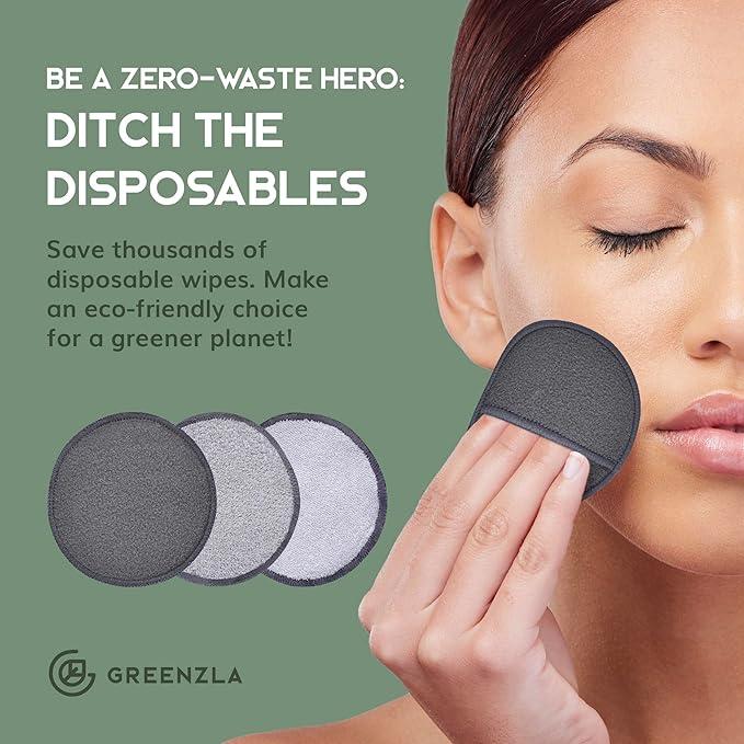 Greenzla Reusable Makeup Remover Pads Premium Set, 12 Pack Microfiber Cotton Pads, Charcoal Cotton Rounds, Bamboo Terry Face Wipes for All Skin Types with Mesh Laundry Bag and Bamboo Storage
