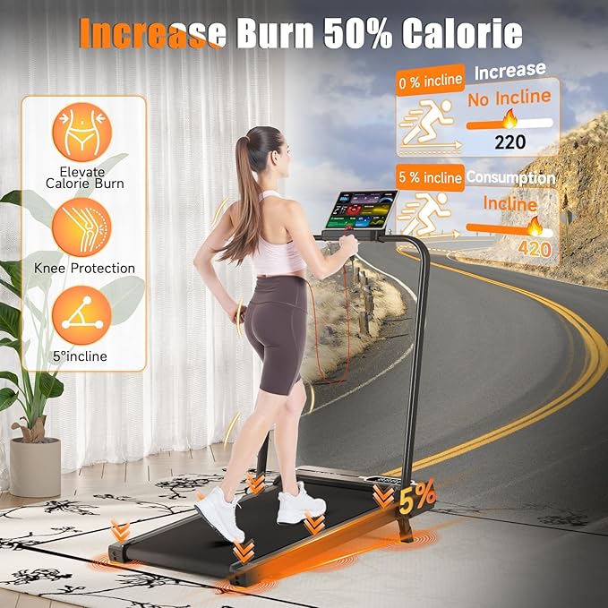 Incline Walking Pad with Handle Bar, Folding Treadmill Foldable Portable Under Desk for Home Office, Ultra Quiet <45dB, Safety Lock, 300+ LB Capacity