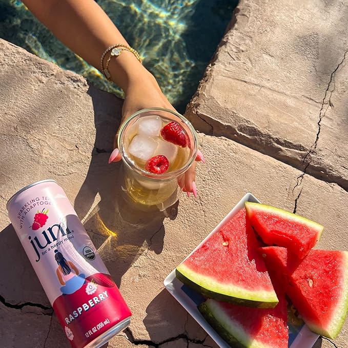 Juni Sparkling Adaptogen Drink with Ashwagandha, Lion’s Mane & Reishi Mushrooms | Green Tea for Focus, Zero Sugar, 5 Calories, Organic | Non Alcoholic Drinks - Raspberry 12 pack