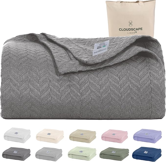 Cloud Scape Linen Herringbone Cotton Throw Blanket for Couch, Bed,Sofa, Home Decor, Soft, Lightweight, All-Season Bed Blanket, 50 x 70, Dark Grey