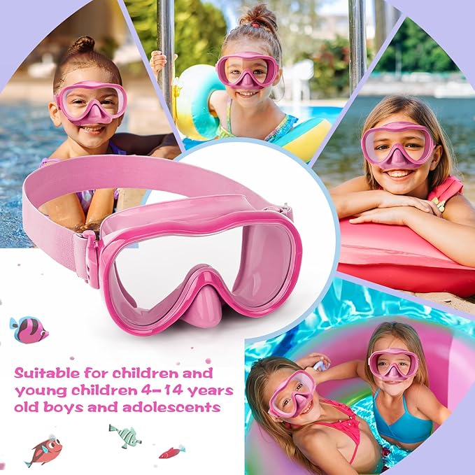 Kids Swim Goggles 180° Snorkel Diving Mask with Nose Cover, Anti-Fog Kids Swimming Goggles with Elastic Fabric Strap for Kids Boys Girls