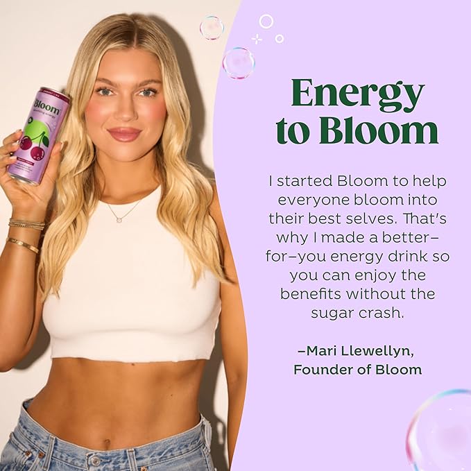 Bloom Nutrition Sparkling Energy Drink for Focus, Natural Caffeine, Zero Sugar, 180mg Caffeine, Antioxidant-Rich with Green Coffee Bean, Green Tea Extract, & Prebiotics, Raspberry Lemon 12oz 12 Pack