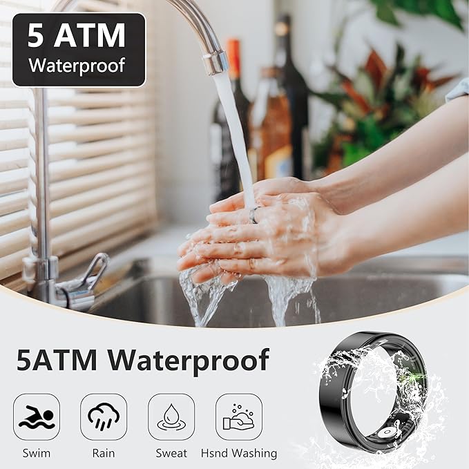 Thin Smart Ring for Fitness & Health Tracking -Pedometer,Sleep/Heart Rate/Blood Oxygen Monitor, Gesture Control / 5ATM Waterproof -No APP Subscription Compatible with Android& iOS (Black, 11)
