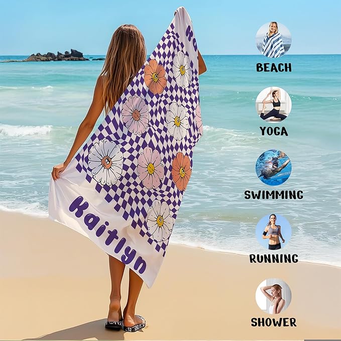 JML Personalized Beach Towel with Name, Custom Flower Beach Towel, Customized Microfiber Pool Towel, Quick Dry & Absorbent Swim Towel for Adult,Anniversary, Birthday, Summer Holiday,Vacation