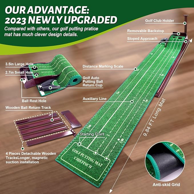 Indoor Putting Mat - Green with 3 Tracks & Auto Ball Return, Mini Golf Game & Practice Equipment, Gift for Golfer Lovers