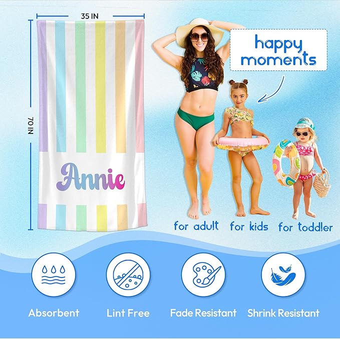 JML Personalized Beach Towel with Name, Custom Rainbow Cabana Stripe Beach Towel, Customized Microfiber Pool Towel, Quick Dry & Absorbent Swim Towel for Adult,Anniversary, Birthday, Summer Holiday