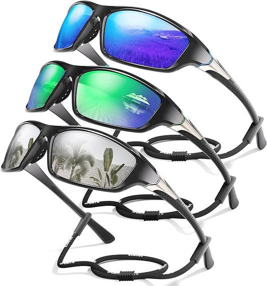 3 Pack Polarized Sports Sunglasses for Men, Mens Sunglasses Wrap Around UV400 Protection for Cycling Fishing Driving