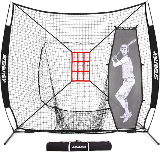 7'X7' Baseball Softball Practice Net,Pitching Net,Batting Net,with Baseball Tee,Bonus Strike Zone and Bow Frame,for Hitting,Pitching, Catching