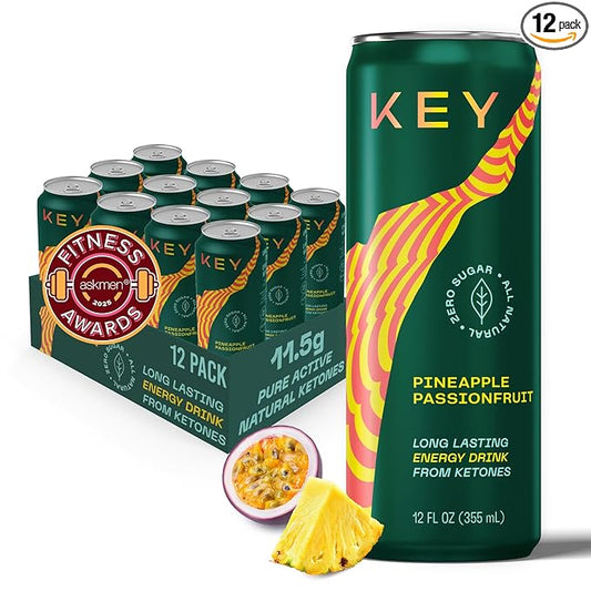 KEY Ketone Energy Drink : Sugar Free, 80mg Low Caffeine, All Natural, 11.5g Ketones, Long Lasting Energy, Green Tea & L-Theanine for Mental Focus, Pineapple Passionfruit (Pack of 12)