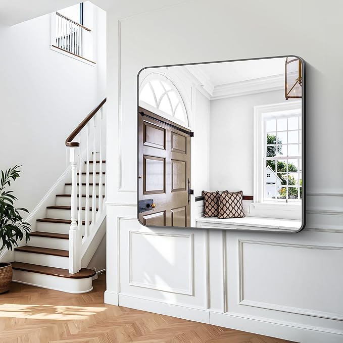 48x48 inch Bathroom Mirror,Black Rectangle Mirror,Wall Mounted Bathroom Frame Vanity Mirror with Round Corner for Bedroom Living Room,Entryway Hangs Horizontal or Vertical