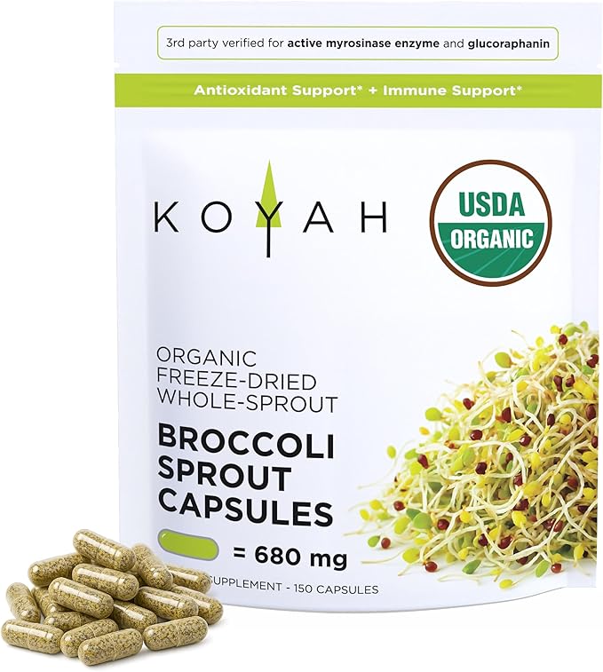 KOYAH Organic Broccoli Sprout Capsules – Freeze-Dried Whole Broccoli Sprouts – 3rd Party Tested for Active Myrosinase & Glucoraphanin (Sulforaphane Glucosinolate) - 150 Capsules