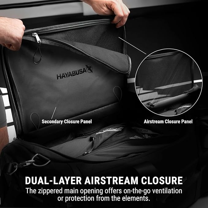 Hayabusa Airstream Athletic Duffle Gym Bag for Women and Men - Black, 50l duffle bag - 7 zippered Pockets, Good for travel, Boxing, MMA, BJJ, kickboxing, Muay Thai, wrestling, Glove/Shoe Compartment