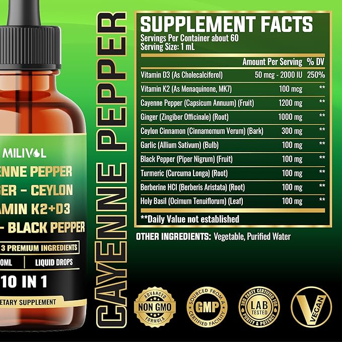 10in1 Cayenne Pepper Liquid Drops + Ginger, Ceylon Cinnamon, Vitamin D3, Vitamin K2, Garlic, Black Pepper and More - Digestion Support - 2 Fl Oz - 2 Months Supply