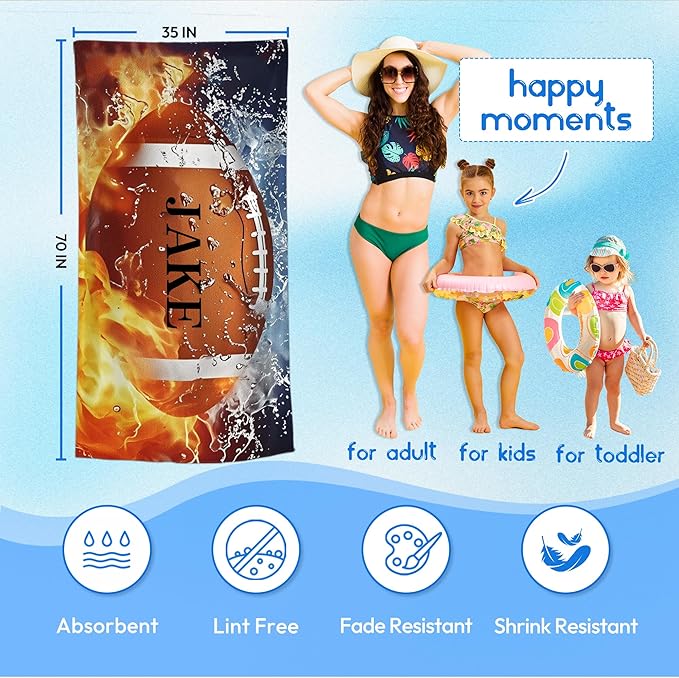 Personalized Beach Towel With Name, Custom Beach Towel with Text, Customized American Football Microfiber Pool Towel, Quick Dry & Absorbent Swim Towel for Adult,Anniversary, Birthday, Summer Holiday