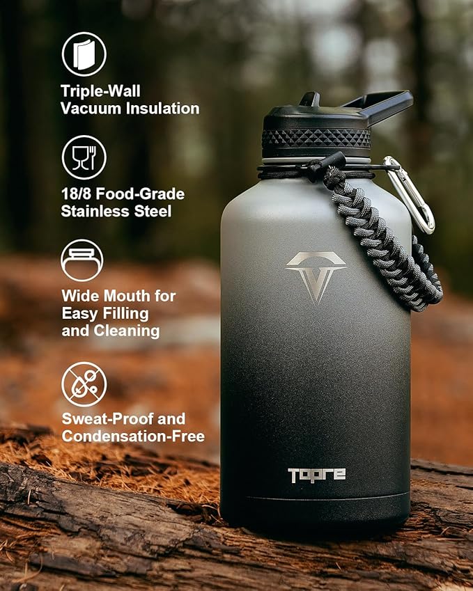 64 oz Insulated Water Bottle,Half Gallon Water Flask Stainless Steel Vacuum, Cold for 48 Hrs,BPA-Free & Leakproof -with Paracord Handle, Strap,Straw Spout Lids,Large Jug for Gym,Grey