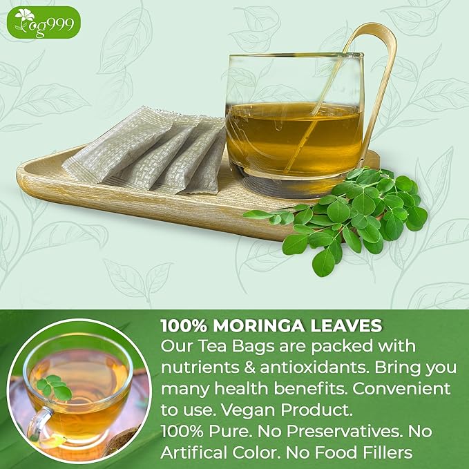 TOG999, Premium 30 Moringa Leaf Tea Bags, 100% Natural & Pure from Moringa Leaves. Loose Leaf Moringa Herbal Tea. Moringa Leaf Tea. No Sugar, No Caffeine, No Gluten, Vegan.