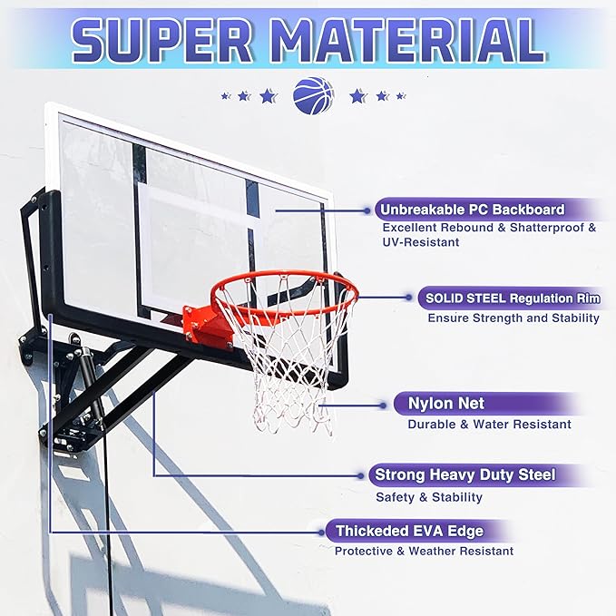 54.5" Wall Mounted Basketball Hoop Adjustable Height Basketball Goal Indoor Outdoor Use Easy Assemble Perfect for Garage Fitness Center Barn School Gym Camp Driveway and More