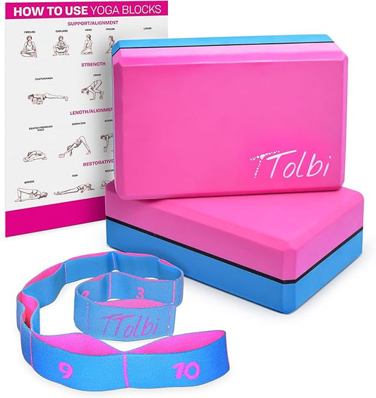 Yoga Blocks 2 Pack Set with Dance Stretch Band & Guide: Non-Slip EVA Foam Block - Ideal Stretching Equipment for Home Workouts, Pilates, Dance, Ballet, Gymnastics, Exercise - Stretch Strap Stuff Props