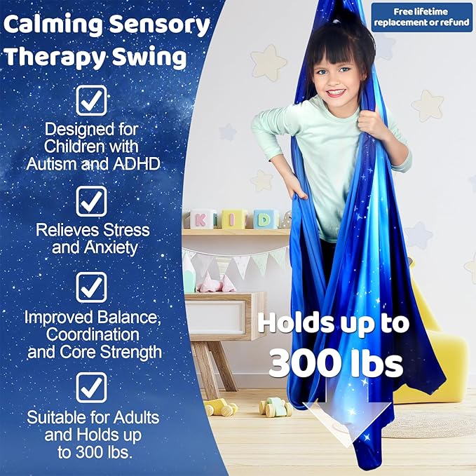 Double Layer Sensory Swing for Kids & Adults Holds up to 300lbs Indoor and Outdoor Therapy Cuddle Swing with 360° Swivel Hanger Kit Adjustable with Aspergers Autism ADHD (Star Blue)