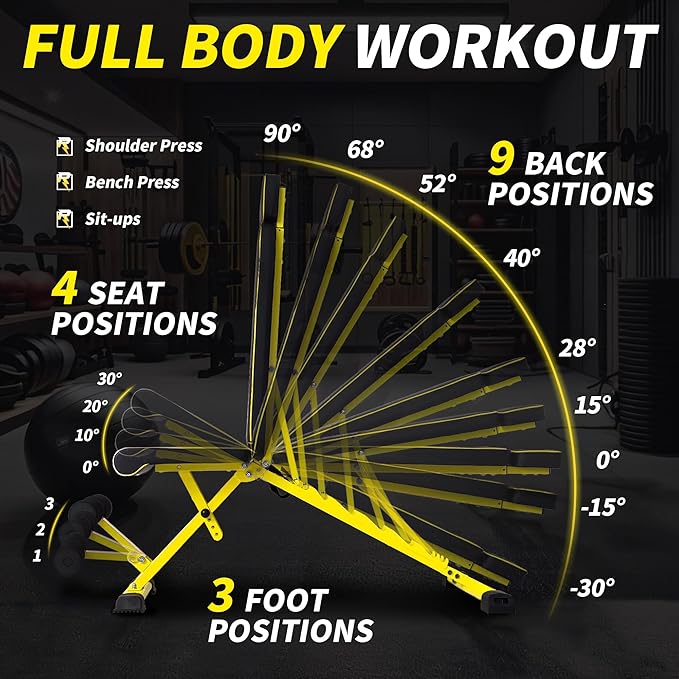 Adjustable Weight Bench,1000 LB Fast Folding Workout Bench for Home Gym Strength Training, Incline Decline Flat Utility Bench Press for Full Body Workout, Upright Storage Yellow Exercise Bench