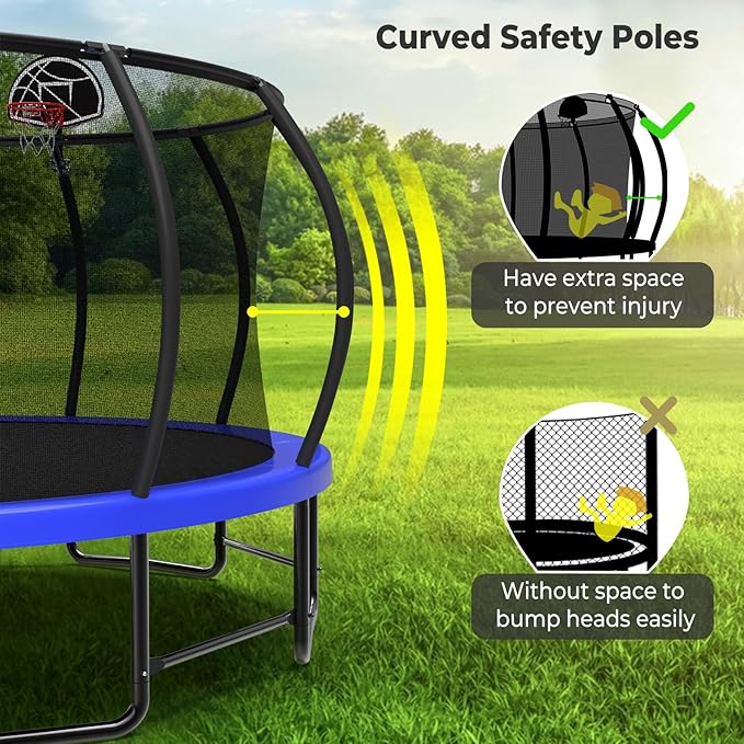 10 12 14 15 16FT Outdoor Trampolines for Kids and Adults, Pumpkin Trampoline with Curved Poles, Recreational Trampoline with Basketball Hoop and Safety Enclosure Net for Kids and Adults