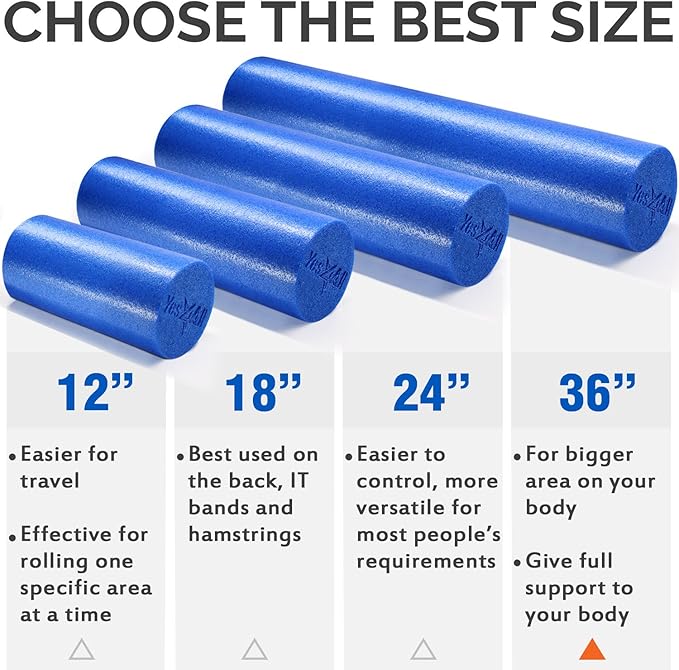 Yes4All Medium Firm Round PE Foam Roller 12, 18, 24, 36 Inches for Pilates, Yoga, Stretching, Balance & Core Exercises