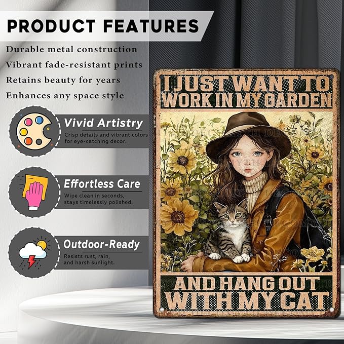 Cat Garden Vintage Tin Sign I Just Want To Work In My Garden and Hang Out With My Cat Retro Metal Tin Sign Sunflower Decor for Home Fence Porch Room Wall Decor Poster 12 * 16inch