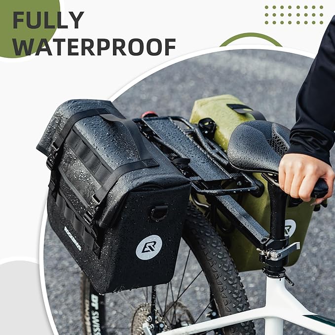 ROCKBROS Bike Panniers 15L Capacity Waterproof Bike Rack Bag Bicycle Panniers for Cycling Commuting Bikepacking Green 2PCS
