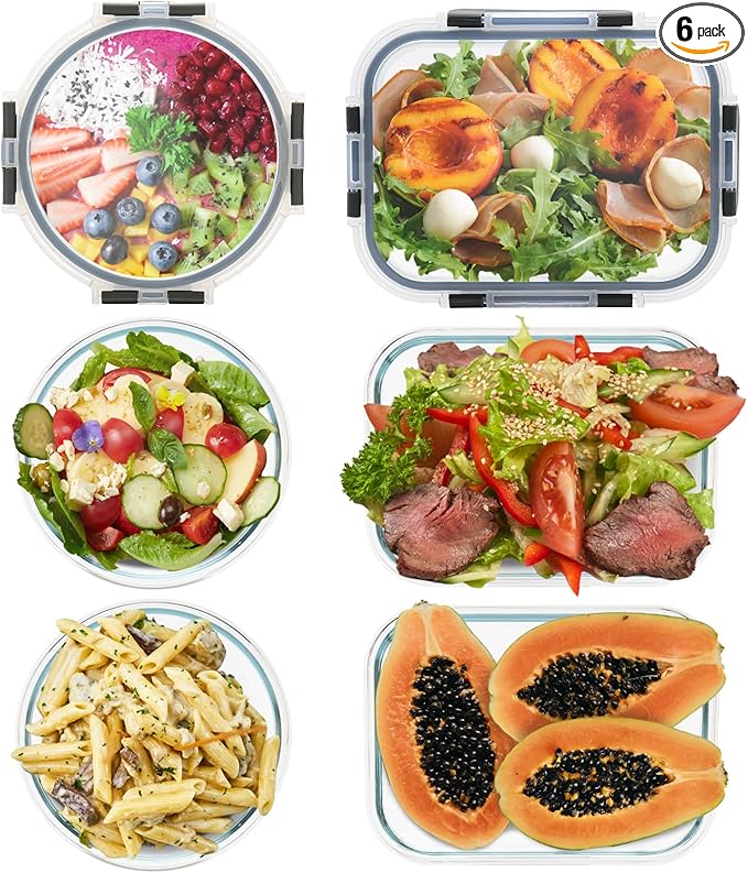 6 Pack Glass Food Storage Containers, BPA Free Meal Prep Containers with Leak Proof Lids, Freezer to Microwave Safe