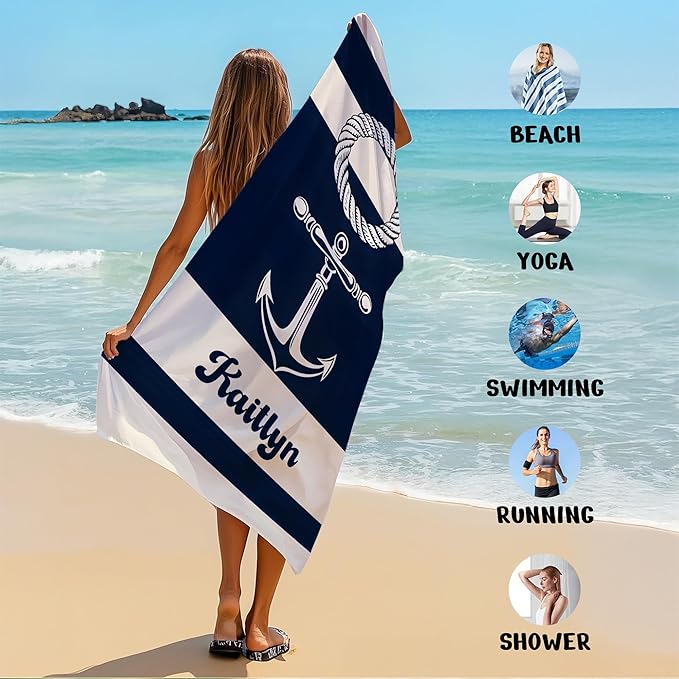 JML Personalized Beach Towel with Name, Custom Anchor Beach Towel, Customized Microfiber Pool Towel, Quick Dry & Absorbent Swim Towel for Adult,Mother's Day, Birthday, Summer Holiday,Vacation