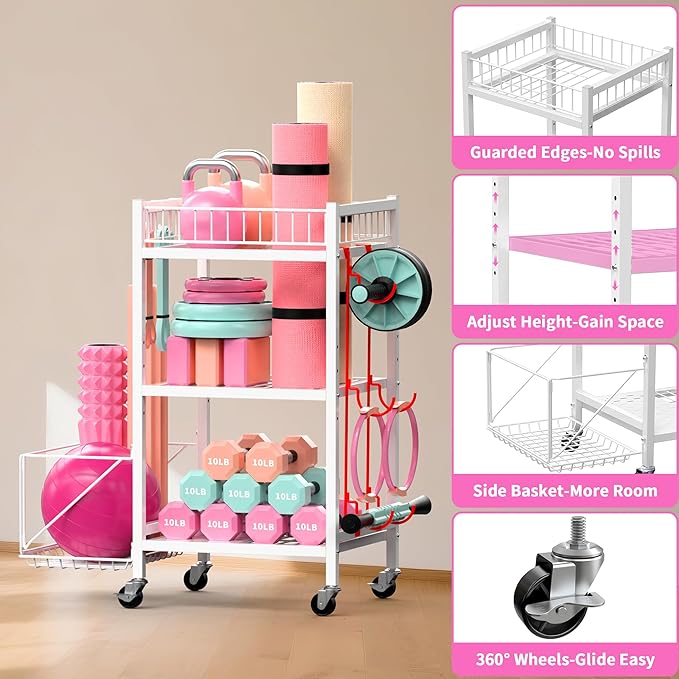 3-Tier Home Gym Storage Rack, Adjustable Yoga Mat Storage Rack, 250LBS Metal Workout Equipment Storage Cart with Large Basket & Lockable Wheels for Mats, Bands, Foam Rollers, Yoga Block