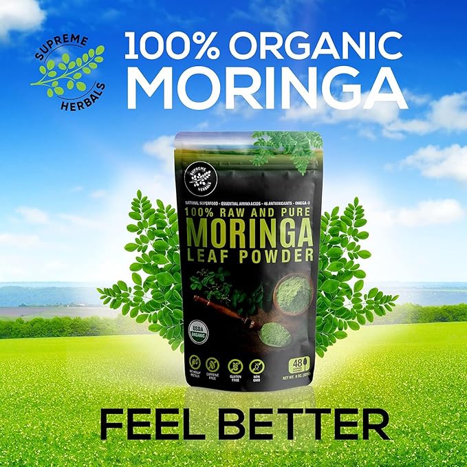 100% Raw and Pure Moringa Leaf Powder. Organic Certified Moringa Leaf. Natural Superfood with Essential Amino Acids, Antioxidants, and Omega 3, 8 oz Resealable Bag.
