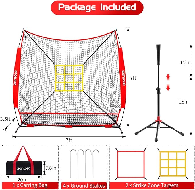 7x7 ft Baseball Net, Pitching & Batting Net with Batting Tee, Designed with Large Ball Collection System, 2 Strike Zones, Carry Bag, Baseball Softball Net for Batting Pitching Hitting and Throwing
