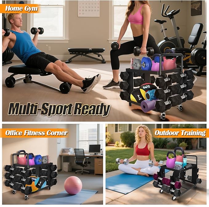 Dumbbell Rack Stand Only - Home Gym Equipment Storage Rack with Rubber Covers & Wheels - Compact Mobile Cart Design for Kettlebells, Yoga Mats & Fitness Gear