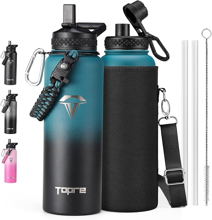 40oz Insulated Water Bottle,Stainless Steel Vacuum Water Bottle, BPA-Free & Leakproof -with Paracord Handle,Strap,Straw Spout Lids,Large Water Jug for Gym Sports