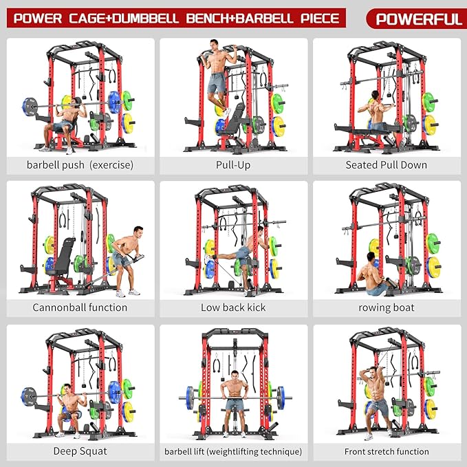 Power Cages Multi-Purpose Squat Rack with Cable Crossover System, Matching Weight Bench, Olympic Barbell Weight Set for Garage and Home Gyms
