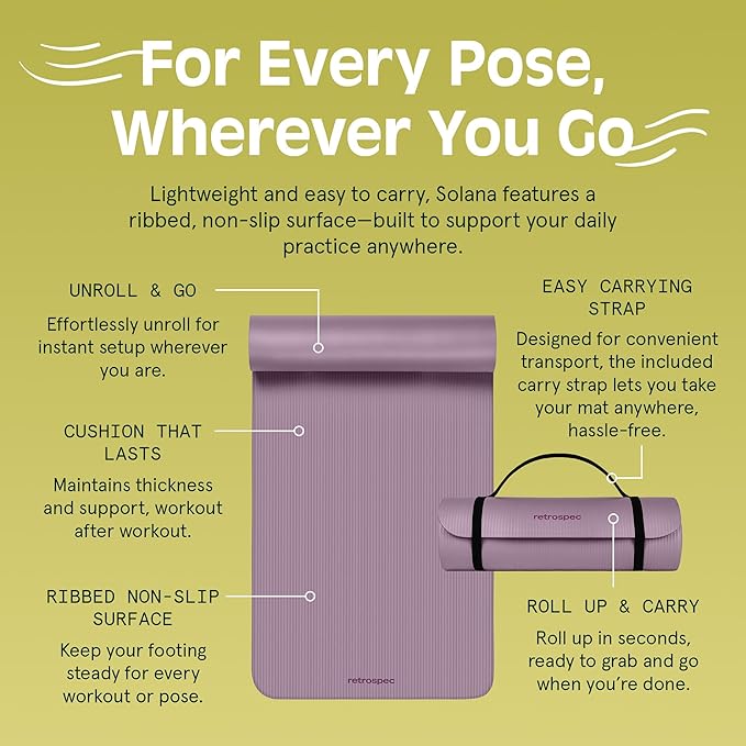 Retrospec Solana Yoga Mat 1/2" Thick w/Nylon Strap for Men & Women - Non Slip Exercise Mat for Yoga, Pilates, Stretching, Floor & Fitness Workouts