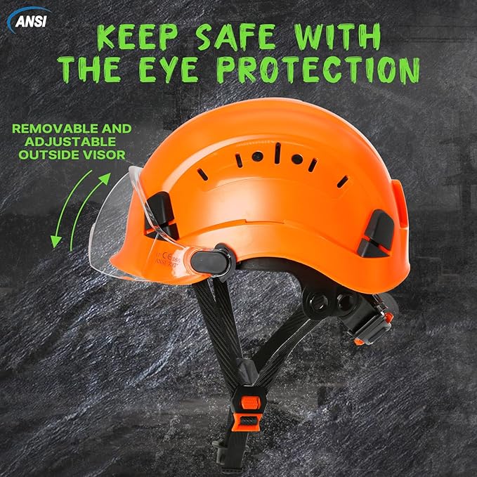AOLAMEGS Construction Vented Hard Hats -Adjustable Vented Hard Hat with Visor for Men Women ABS Safety Helmet 6-Point Suspension Work Hardhats for Outdoor Height Industrial (Orange Clear Visor)